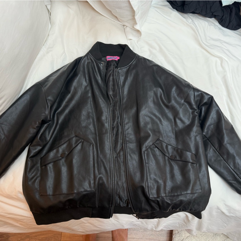 Edikted Black Leather Bomber Jacket